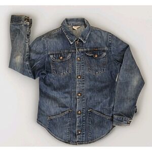 Vintage Women's‎ Wrangler Blue Denim Gold Snap Buttons Long Shirt Blouse Medium